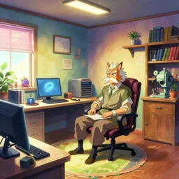 colorful interior of an office belonging to a senior member of the kitsune adventurer's guild, anime, a fantasy digital painting by greg rutkowski and james gurney, trending on artstation, highly detailed