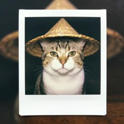 A portrait of a cat wearing a well placed vietnamese straw hat, award winning photo, polaroid, color photo