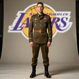 full body portrait of the dictator of the los angeles lakers, 1 9 5 5, in full military garb