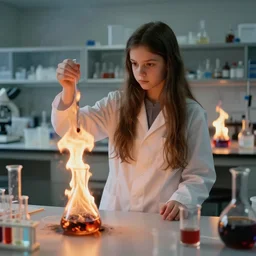 long haired girl setting chemistry lab on fire full body image, glassware on the foreground, little fire on the background, realistic 4k photo image