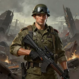 A comic book style portrait painting of a male soldier in a post apocalyptic world, unreal 5, DAZ, hyperrealistic, octane render, RPG portrait, dynamic lighting