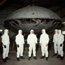 spooky alien ship inside a hanger, old photo, vintage photo, grainy, realistic, real photo, men in hazmat suits standing around