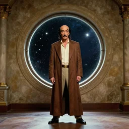 the full body shot of arrogant salvador dali in the role of emperor of universe | porthole in the wall of palace with the space view | still frame from the prometheus movie by ridley scott with cinematogrophy of christopher doyle and art direction by hans giger, anamorphic bokeh and lens flares, 8 k, higly detailed masterpiece