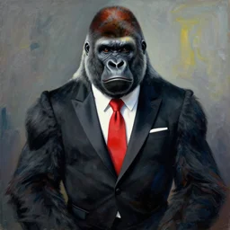 a gorilla wearing a nice black tuxedo with a red tie, fauvism, 8 k, highly detailed,