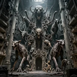 a hybrid of all animals, detailed, intrincate, horror, beksinski, in a dark massive place brutalism, large scale