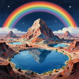 roger dean 1 9 8 0 s art of distant mountains strange bizarre alien planet surface lakes reflective clear blue water, rainbow in sky, imagery, illustration art, album art