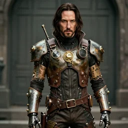 keanu reeves as a cyborg wearing steampunk clothing