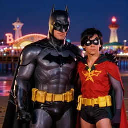 ⁠portrait of Batman and Robin, Santa Monica Pier background, rich vivid colors, ambient lighting, dynamic lighting, 4k, HQ, official media, anime key visual, makoto shinkai, ilya kuvshinov, lois van baarle, rossdraws, detailed, trending on artstation
