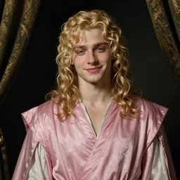beautiful portrait painting of Viserys Targaryen with long curly blond hair, delicate young man wearing a wispy pink silk dress smiling sleepily at the viewer, symmetrically parted curtain bangs, in love by Peter Paul Rubens and Seb Mckinnon
