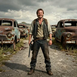 fallout 5, smiling simon pegg with winchester, portrait, dilapidated counrty roads, rusty retro vintage vehicles, atmospheric lighting, painted, intricate, volumetric lighting, beautiful, daytime, sunny, slight overcast weather, sharp focus, deep colours, ultra detailed, by leesha hannigan, ross tran, thierry doizon, kai carpenter, ignacio fernandez rios