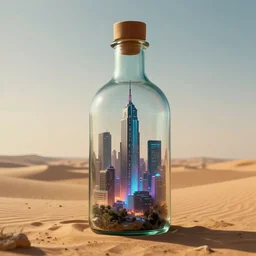 a huge bottle with a cyberpunk city hidden inside, in the desert, photo realism, f / 1. 9 6. 8 1 mm iso 4 0