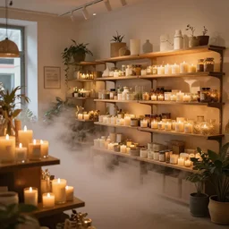 cozy holistic store, candles, ambient light, digital art, light fog