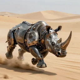 action photography, award winning photo of an ultra ultra detailed intricate steampunk robotic smoky rhino running very very fast in the yellow sand, fast shutter speed, motion blur, tiny gaussian blur, highly detailed, highly intricate, depth of field, national geographic