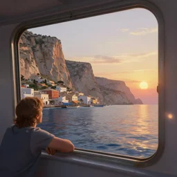 looking out a boat window on the water, wide angle, sunset, a mediterranean phoenician fishing village below, over a chalk cliff, highly detailed, digital painting, artstation, concept art, sharp focus, illustration, art by artgerm and greg rutkowski and raphael lacoste and magali villeneuve