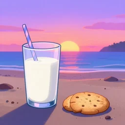 a glass of milk and a cookie chilling on the beach, sunset, vaporwave