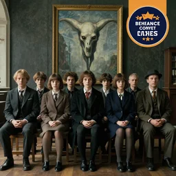 a group of people sitting next to each other, a renaissance painting by wes anderson, behance contest winner, institutional critique, movie still, filmic, antichrist