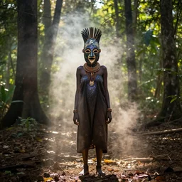 dogon woman wearing traditional dogon tribal mask standing in a clearing in the deep forest, rays of the sun, caustics, realistic, photography, photojournalism, national geographic photoshoot, inner glow, shimmer, sparkle, smoke, dust
