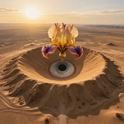 landscape photo of a crater in the desert that mimics the shape and macro!!! detail!!! of an iris! and pupil!, centered!! high detail, drone photo, golden hour, medium format