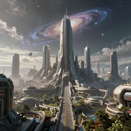 sci - fi scene of a city in the galaxy, highly detailed, 8 k