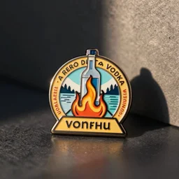 a retro vodka on fire flame warning label enamel pin, studio lighting, behance