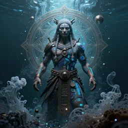 a centered render of an ancient futuristic shaman with digital modifications surrounded by a underwater ink pour and flowing liquid gallium and complex sacred geometry, perfect body and face, powerful, cinematic, beautifully lit, by artgerm, by karol bak, 3 d, trending on artstation, octane render, 8 k
