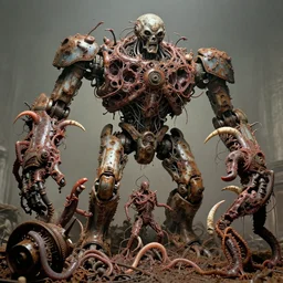 movie still of flayed god machines, cluster battle chaotic mollusks - revenants, intricately macerated by age, sentient, dethroned goliath machine, blood turbines, hydrocracking battles, rusted, macerated, eviscerated by fimbria wires, bicornate fungal pit, trash patina sheen rotting, by alberto bontempi, alex ross