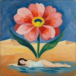 woman woman swims past a magnificent flower blooming in the desert, abstract surrealist art in the style of cubism and georgia o keefe