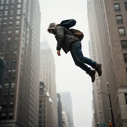 a homeless man fly's in the sky. realistic image. new york city candid photo. hyperrealistic