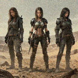 scavenger girl hunting in the wasteland concept art, symmetrical, rule of three, detailed body, full body, detailed face, ultradetailed digital illustration, 8 k, epic atmosphere, digital art by simon cowell, rembrandt and kentaro miura
