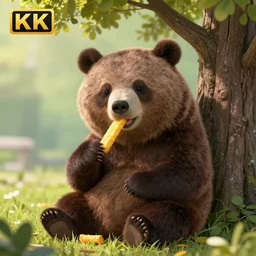 a cute bear eating fries stick under a tree hyperrealistic, digital art, 8 k