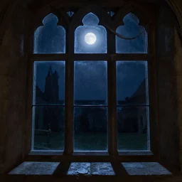 figure looking through a wide window, dark medieval hall, night, moonlight, a realistic, cold colors