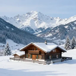 matte painting of winter mountain cottage szene in beautiful mountain landscape in the bavarian alps, by albert whitlock, amazing details, beautiful composition, vibrant colors, bird eye view, luminescent, warm hue's