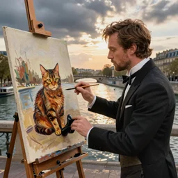 mcgregor is dressed as a gentleman at early 2 0 th century paris. he is watching an easel. that easel has a canvas on it. ewan mcgregor has a brush on his hand. he is painting a painting. realistic painting with strong outlines there is a brown cat with yellow eyes on ewan mcgregors feet. that cat is lying down. background has river seine, morning sun, dark clouds, by jack kirby