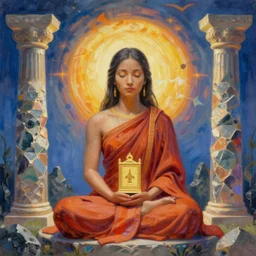 a beautiful serene high priestess sits between moonstone pillars in quiet contemplation holding the divine law in her lap as the world moves around her, 8 k resolution digital painting, vibrant colors, by michael whelan, by alena aenami, behance hd, trending on artstation deviantart
