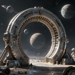 abandoned and decrypt gargantuan futuristic space gate in space, planets, Wide angle, by Wadim Kashin, featured in artstation, octane render, cinematic, elegant, intricate, 8k