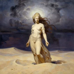 solitude of beautiful Sand Deity, under surreal catastrophic sky, in the style of Frank Frazetta, Jeff Easley, Caravaggio, extremely clear and coherent, clear lines, 8K resolution