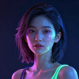 a girl glowing with neon colors,high detail of the face, detailed, octane render,high detail, high modernization, high stylization, full body please