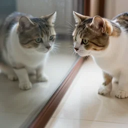 a cat on to legs staring into reflection, 4 k, photography