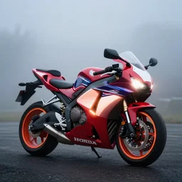 a glowing honda cbr 6 0 0 motorbike, foggy background, hyperrealistic, alien, mcu