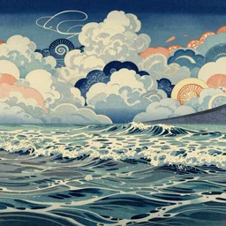 clouds and waves, An aesthetically pleasing, dynamic, energetic, lively, complex, intricate, detailed, well-designed digital art of a beach, ripples, waves, sea foam, light and shadow, overlaid with aizome patterns, Shin-hanga by Thomas Kinkade and Bob Ross and Ohara Koson, traditional Japanese colors, superior quality, masterpiece, featured, trending, award winning, HDR, HD, UHD, 4K, 8K, anamorphic widescreen