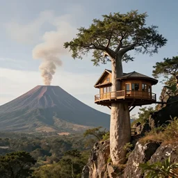 a modern treehouse made on the side of a cliff in madagascar, baobab tree, an enormous smoky volcano in the background, artstation, an epic fantasy, cinematic lighting, hyper realistic, photographic, sharp focus, by greg rutkowski and wolp
