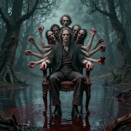 a 1 9 5 0 s portrait of a man with five heads, twelve arms, sitting on chair made of human limbs, the chair is floating in a lake of blood, around the lake are melting trees, nightmare scene, supernatural, highly detailed, creepy, terrifying