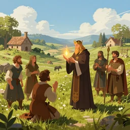 fantasy priest blesses a group of serfs in an idyllic medieval countryside, trending on artstation, digital art ( by jesper ejsing ) ( by clint cearley ) ( by raluca marinescu )