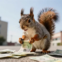 a gangster squirrel counting money, shot from below, low angle, worms eye view