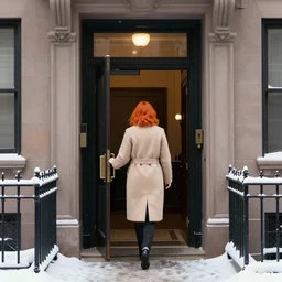 back of emma stone in beige coat, orange hair, walking into new york apartment building in winter, opening door, building entrance, snow, zoomed out, artwork by gaston bussiere, craig mullins, trending on artstation
