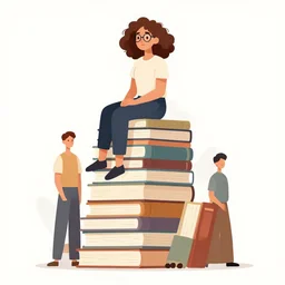 a woman with curly brown hair and glasses sits on top of a tall pile of books. clean cel shaded vector art. shutterstock. behance hd by lois van baarle, artgerm, helen huang, by makoto shinkai and ilya kuvshinov, rossdraws, illustration, art by ilya kuvshinov