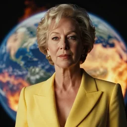 a still from the movie bladerunner 2 0 4 9 depicting an extreme close up of helen mirren in her 6 0's wearing a yellow business suit, photographed by annie leibovitz against a backdrop of the planet earth in flames. cinematic lighting, in the style of terrence malick