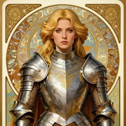 head-on symmetrical centered painted portrait, Elisha Cuthbert as a paladin, blonde hair, ornate heavy plate armour, art nouveau, tarot card style, medieval robes, fantasy, intricate, elegant, highly detailed, smooth, sharp focus, illustration, artstation, in the style of Artgerm and Anna Podedworna and Alex Ross and Mucha