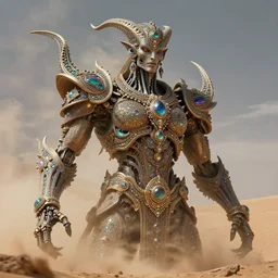 epic view of a Giant imposing biomechanical Djinn in the desert, covered in jewels, ornate, Beautiful biomechanical Djinn, full of smoke and dust, iridescent, 4k, 8k, high detail, HDR, by tom bagshaw, powerful,trending on artstation, concept art, cinematic, jewels, with inspiration from Beksinski