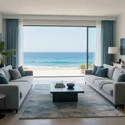 A modern living room in a ocean hues style, ocean view, calm, relaxed style, harmony, wide angle shot, 8k resolution